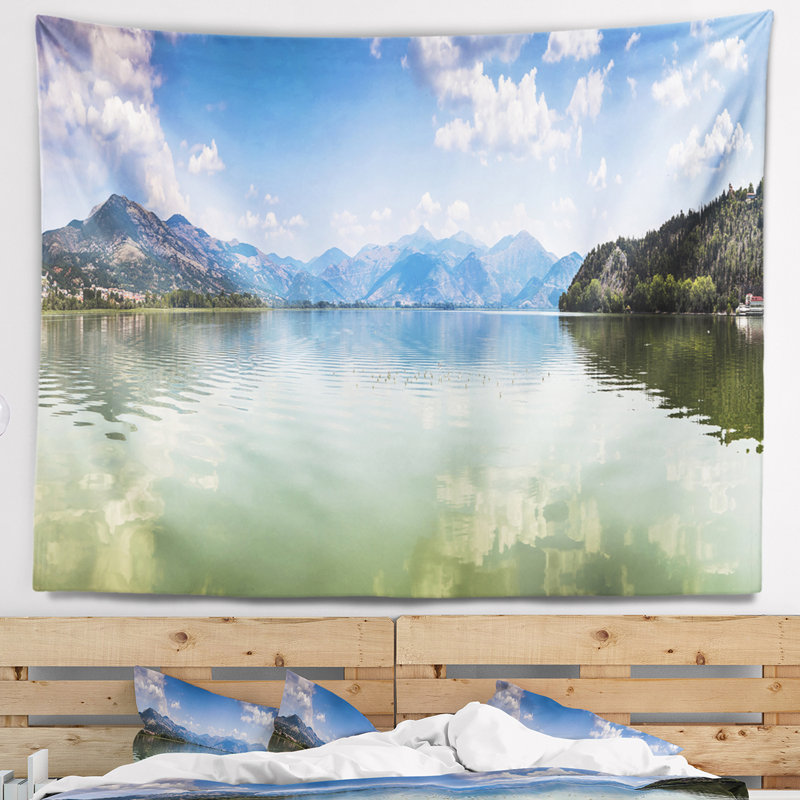 Tapisserie de panorama en polyester kastoria lake grèce avec accessoires suspendus inclus, H 78 po x l 92 po