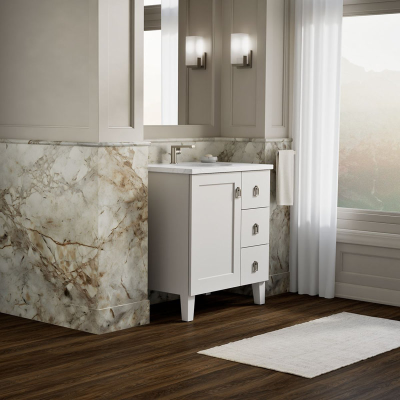 Poplin® 30 In. Vanity with Furniture Legs, 1 Door and 3 Drawers on Right, Linen White