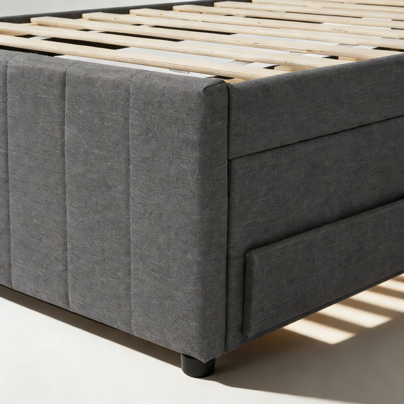 Lit plateforme tapissier double avec lit gigogne simple et 3 tiroirs, tissu en lin, Gris