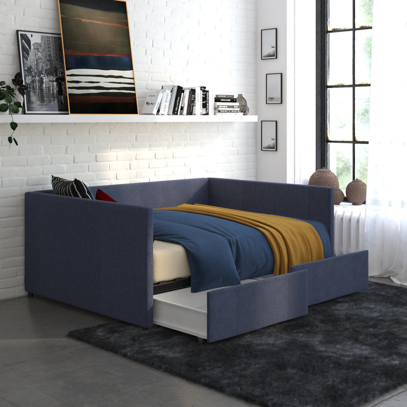 Dmitry Upholstered Daybed with Drawers, Blue Linen, Full