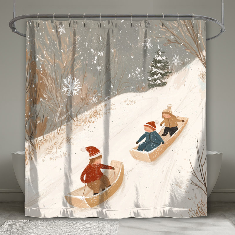 Rideau de douche Sledding - Décor de salle de bain d'hiver scandinave, H 74 po x l 71 po