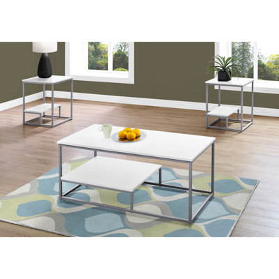 3 tables - Tables basses, d'appoint et de chevet en stratifié blanc et métal gris. Style moderne et chic contemporain.