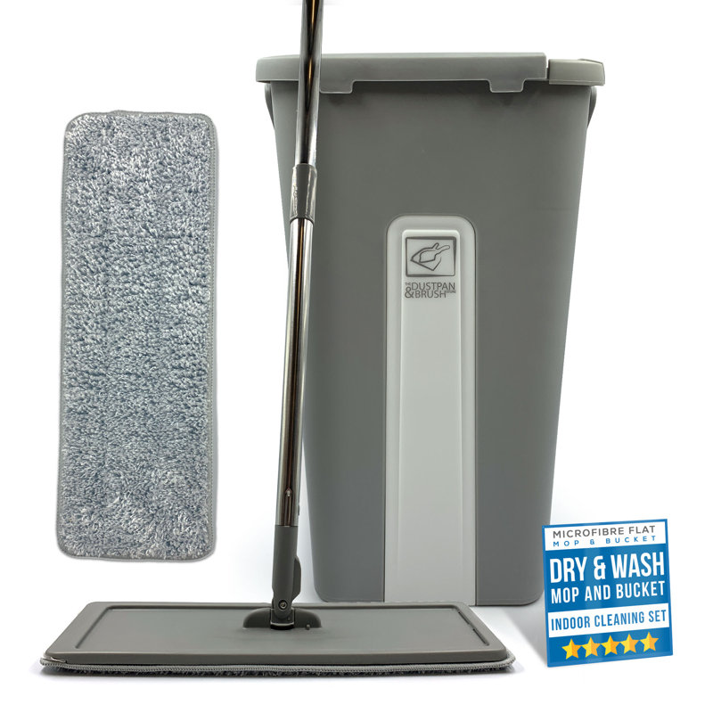 Flat Mop and Bucket Set with Built In Wringer 2 Microfibre Pads, 360 Degree Swivel Head, Mop and Bucket Set