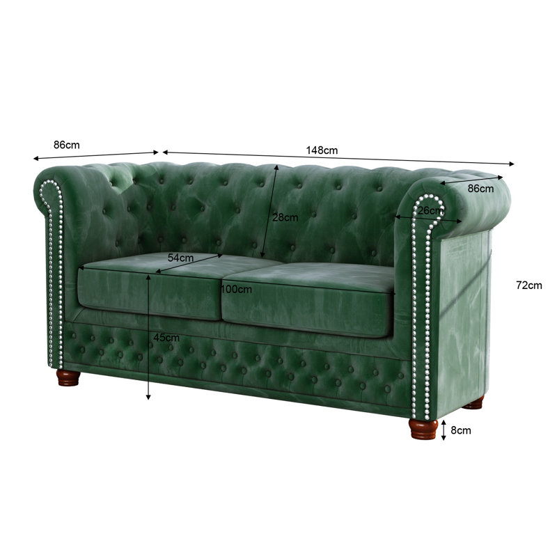 Chesterfield  Sofa 2 Seater Made of Velvet Fabric with Solid Wood Legs, Bottle Green
