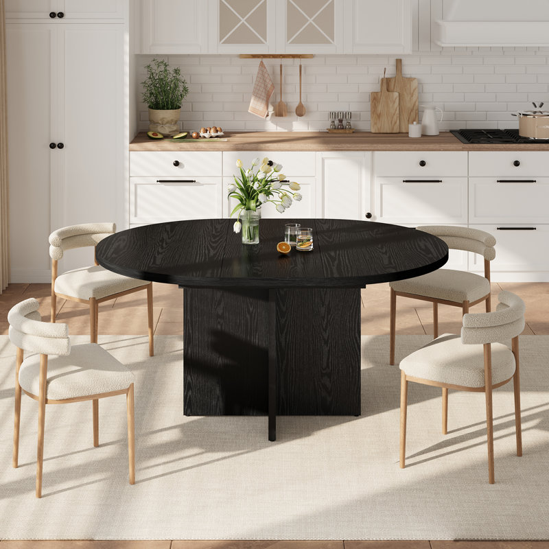 Table de salle à manger extensible ronde pour 4 à 8 personnes - Table de cuisine moderne peu encombrante - Feuille amovible - Base en bois robuste - Couleur: grain de bois noir
