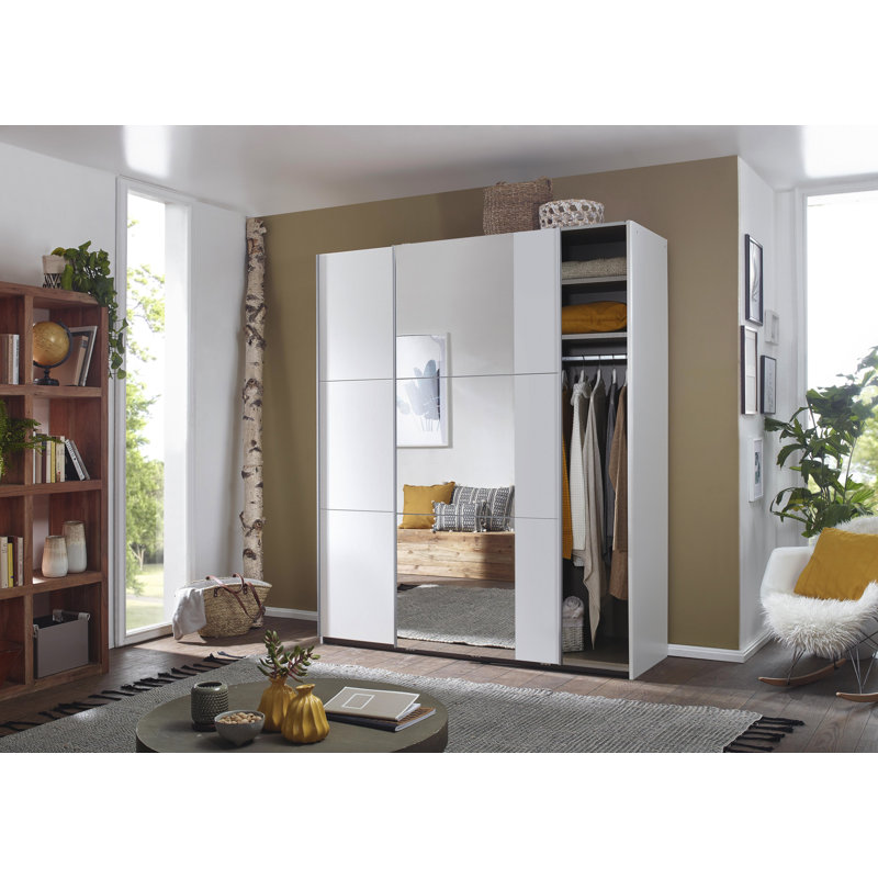 Santiago Wardrobe with Mirror and Three Different Equipment Options, White with Mirror, Basic, 210cm H x 175cm W x 59cm D