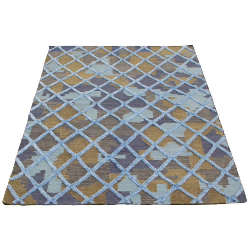 Tapis unique en laine noué à la main de style anatolien bleu / brun clair 5 pi 3 po x 6 pi années 2010 Phyllida
