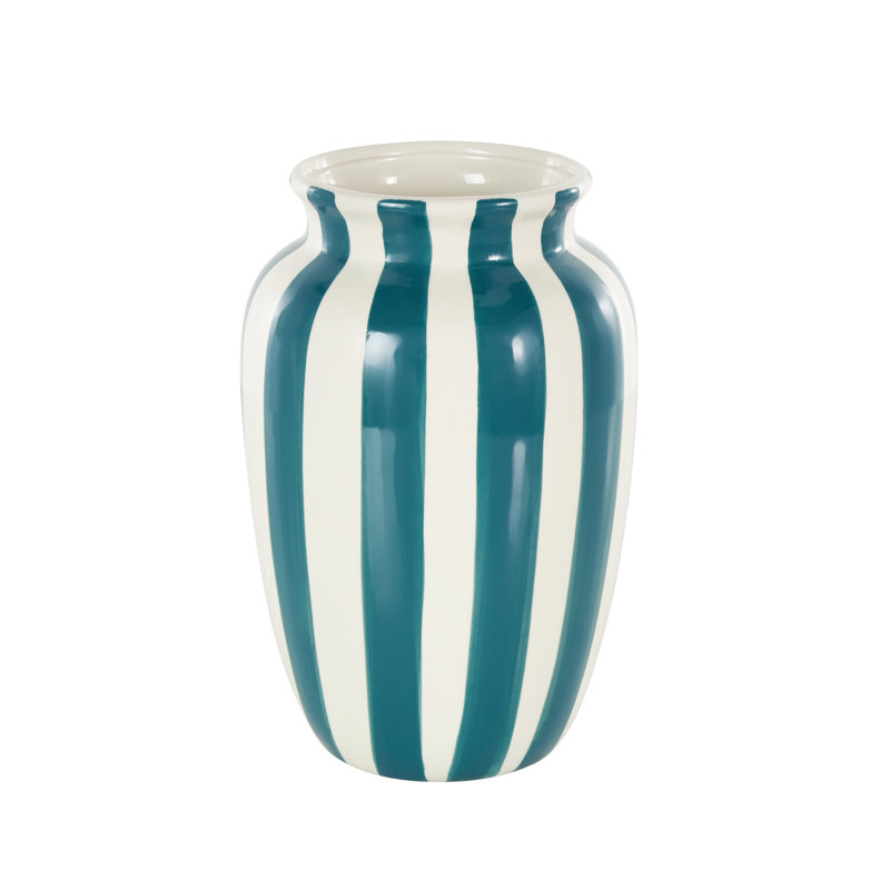 Cole And Grey Ceramic Round Wide Decorative Vase With Teal Vertical Stripes, Teal