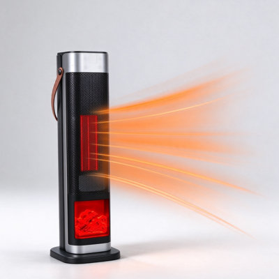 Space Heater 1500W Oscillating Ceramic Tower, Portable Electric Heater with 3D Flame Effect & Remote Control, 12H Timer & Overheat Protection for Large Room, Bedroom & Office