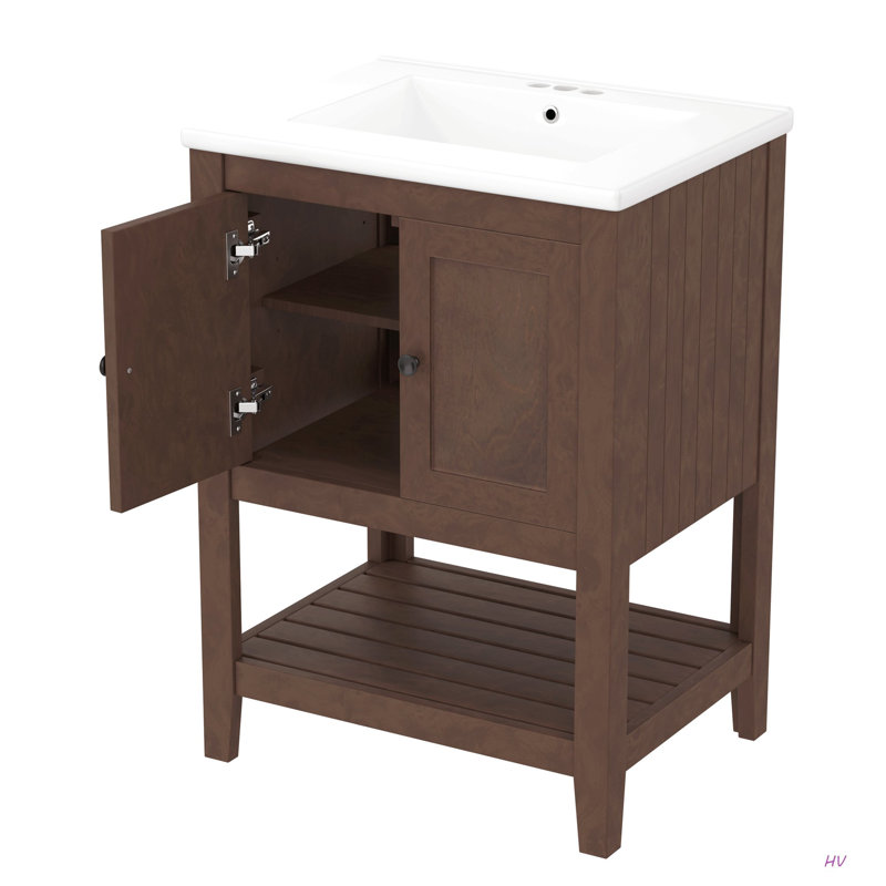 Lavabo de salle de bain moderne élégant en céramique 24 po avec tablette ouverte en bois massif, Brun