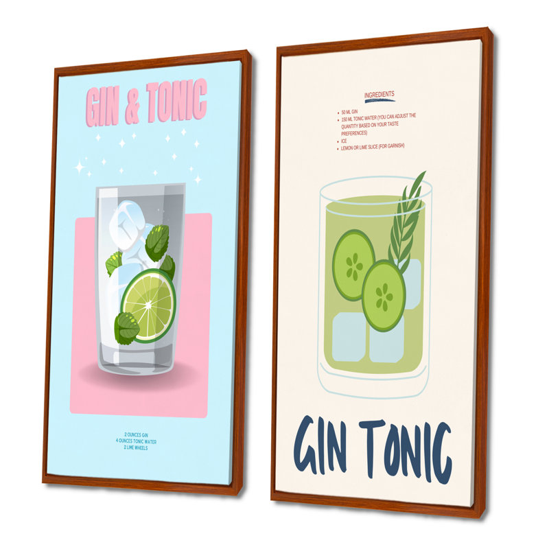 Ensemble de 2 pièces d'art mural gin et tonique dans un verre à whisky, H 40 po x l 40 po, Impression encadrée, Brun