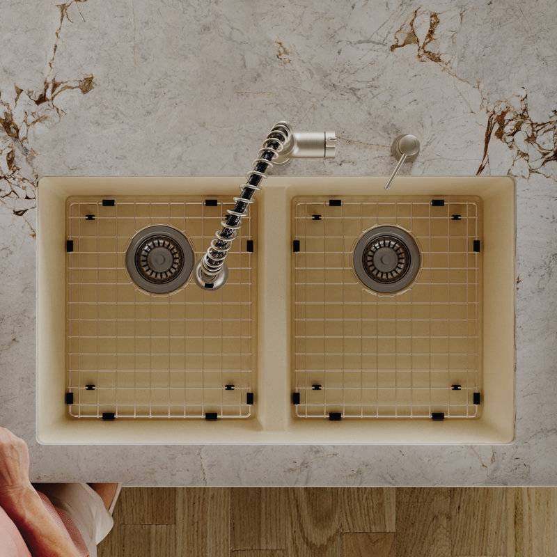 Ensemble d'évier de cuisine à double cuve 50/50 Karran Quartz 32 "X 19-1 / 2", Bisque