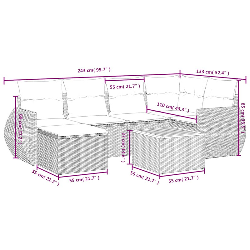  Ensemble de canapé de patio 7 pièces avec coussins en rotin de polyester noir