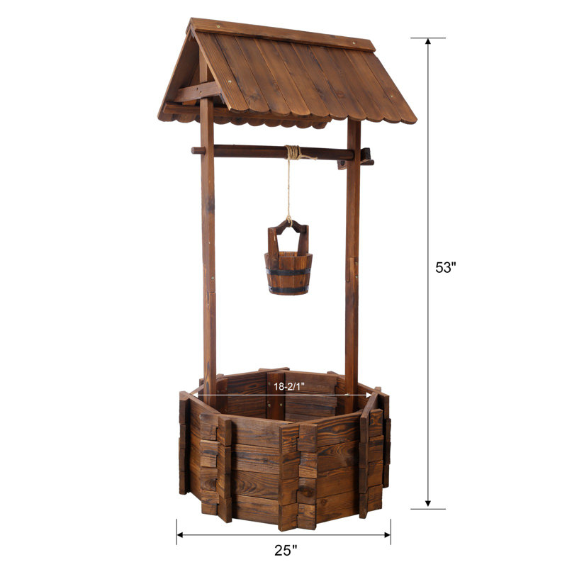 Wooden Wishing Well Garden Planter, Rustic Outdoor Decor with Hanging Bucket