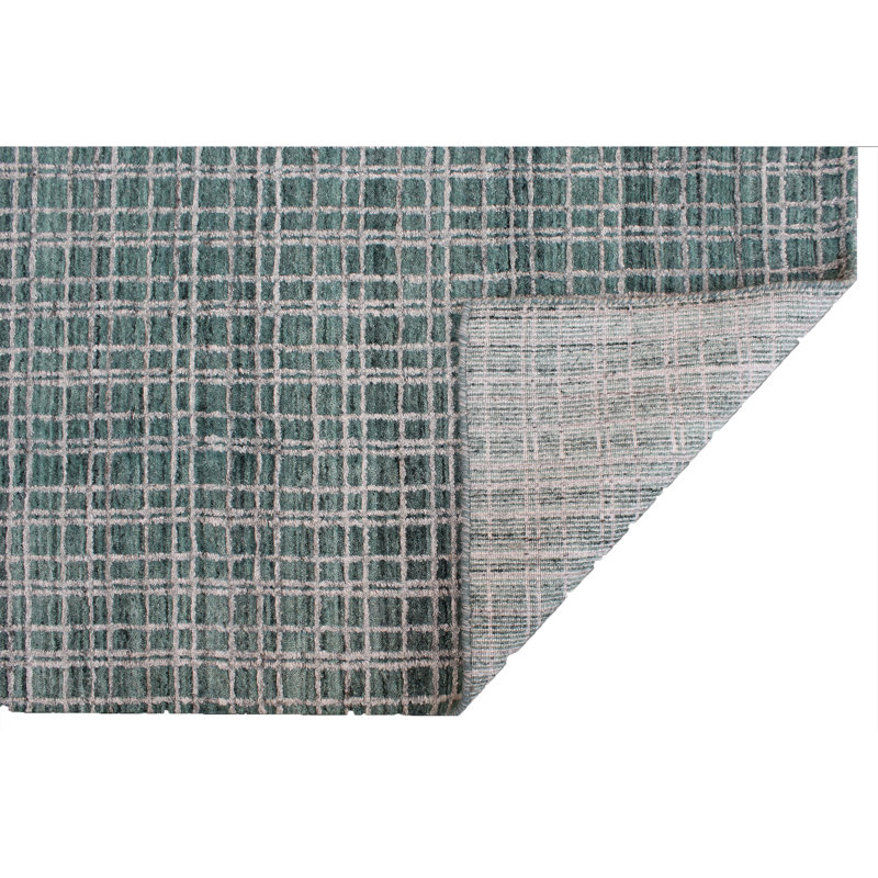 Hand Knotted Plaid Area Rug in Teal/Green, Rectangle 12' x 15'