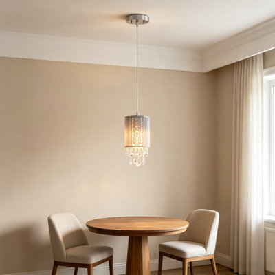 1-Light Modern Drum Crystal Pendant Light, 6.1 inch Chrome Silver Hanging Pendant Lamp, Adjustable Height Ceiling Light Fixture for Kitchen Island Dining Room, Bulbs Not Included