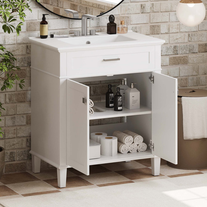 Meuble-lavabo de 30 po avec lavabo en céramique, porte à fermeture douce et tablettes réglables, Blanc