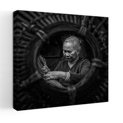 Elderly Artisan Weaving Basket Traditional Abstract Portrait Wall Art