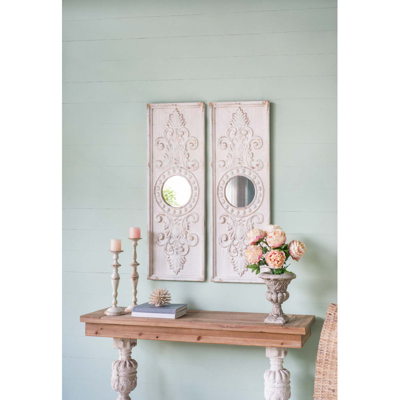 Ensemble de 2 grands panneaux d'art mural en bois avec des accents de miroir rond pour une décoration intérieure durable et élégante