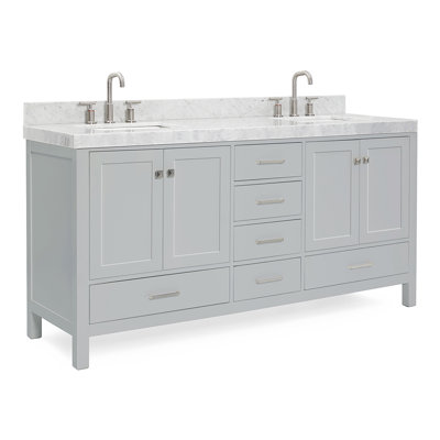 Meuble-lavabo double en bois massif Cambridge avec comptoir en marbre de Carrare 2 po