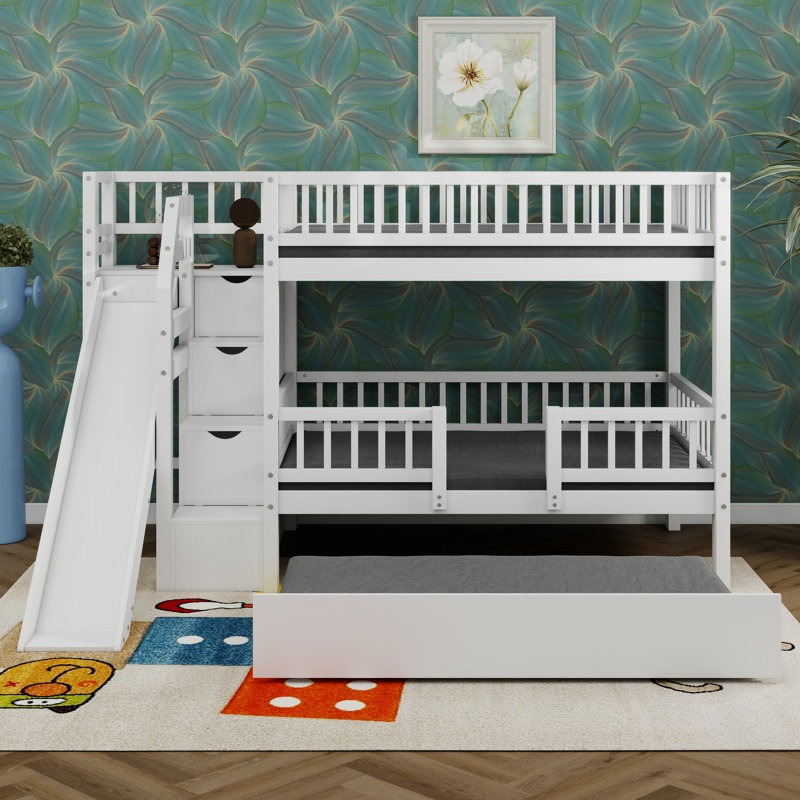 Lit superposé en bois avec toboggan, lit gigogne et escalier de rangement, lit superposé peu encombrant pour garçons et filles