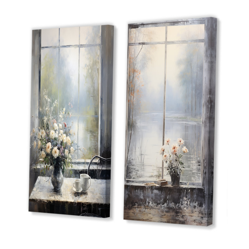 «Gray Misty River Window View I», ensemble de 2 impressions sur toile, H 28 po x l 25 po, Toile tendue