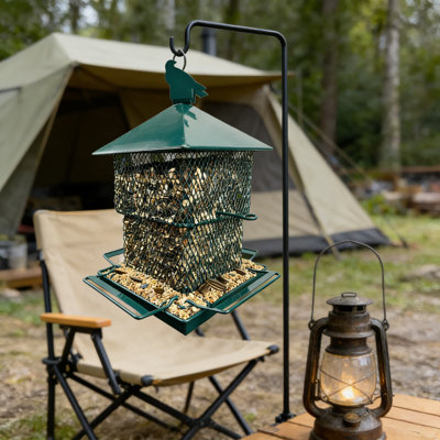 Mangeoire à oiseaux en métal robuste avec grande capacité de 6,5 lb, conception résistante aux écureuils et plateau d'alimentation à 360 ° pour les cardinaux, les pinsons, les geais bleus et les oiseaux sauvages