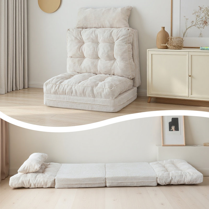 Canapé-lit Corduroy, Velours côtelé crème, H 4,7 po x l 52 po x P 89 po