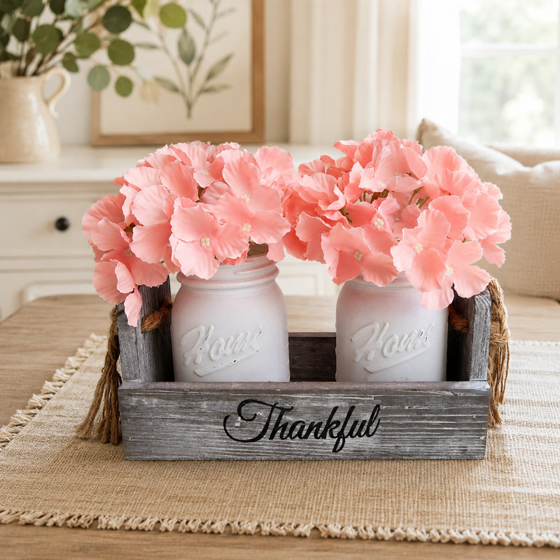 Cozy Mason Jar Table Centerpiece with Pink Hydrangeas,Rustic Wood Tray Farmhouse Dining & Coffee Table Décor, Pink Hydrangea
