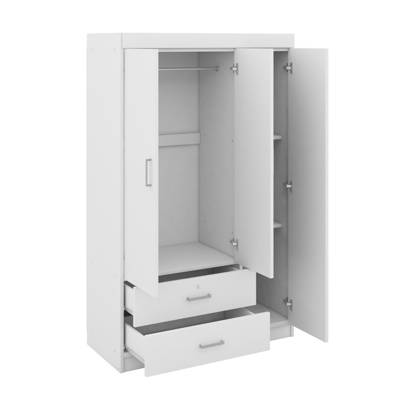 Armoire-penderie 3 portes avec tablettes et miroir, Blanc