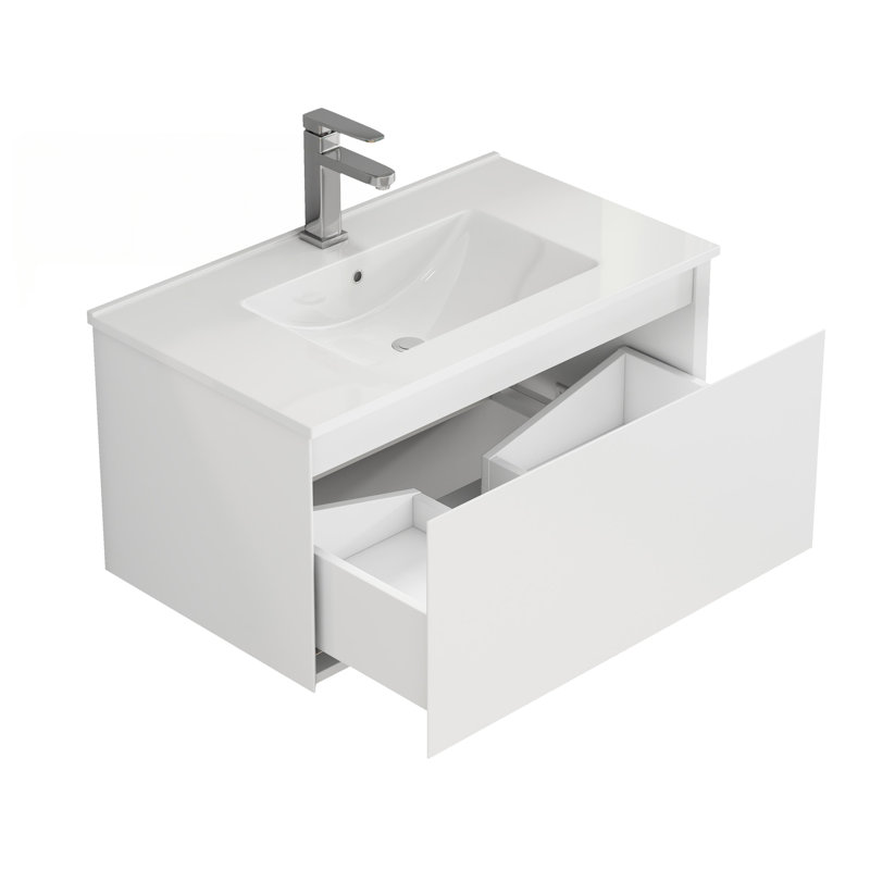 Meuble-lavabo mural de 32 pouces avec tiroir à fermeture en douceur, lavabo en céramique et finition blanc mat pour les salles de bain minimalistes modernes