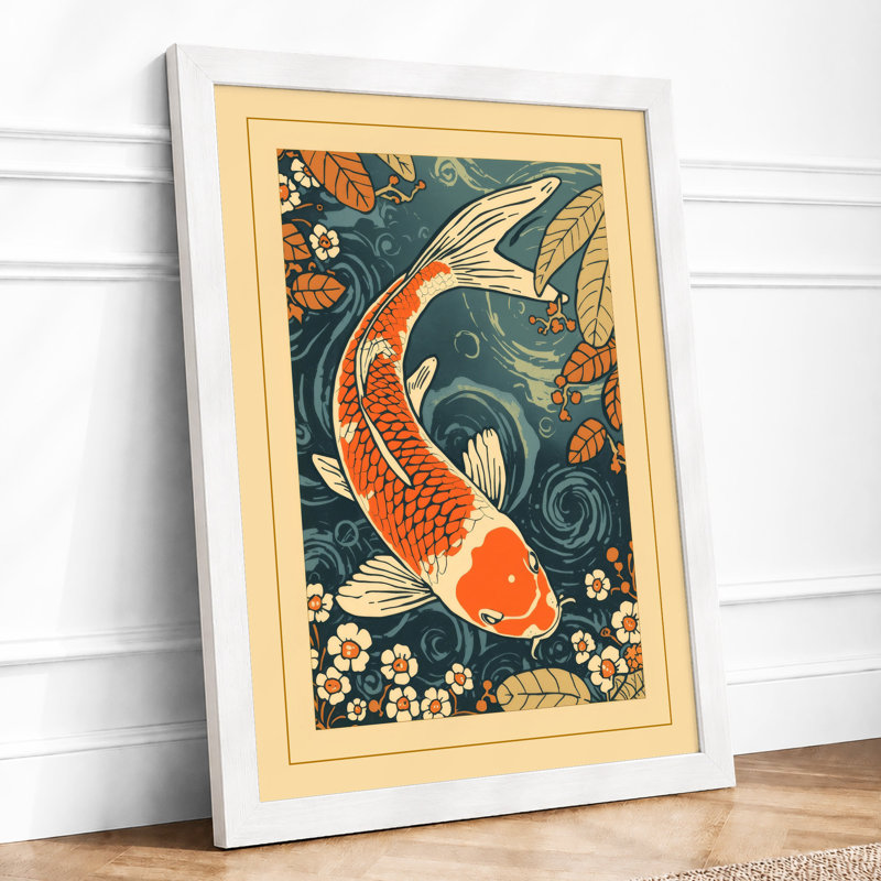 Koi Among Water Blossoms Japandi - Framed Print, A4 - 29.7 x 21.0 cm, White