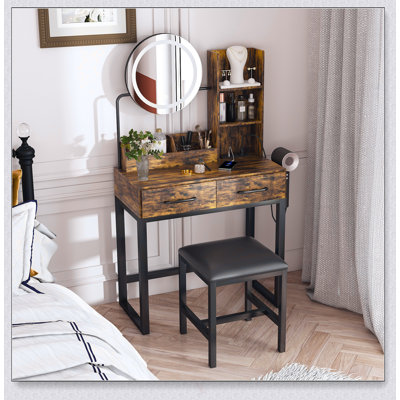 LED Lighted Makeup Vanity With 3 Color Options And Power Outlets, Spacious Storage, Sturdy Metal Legs, And Chair For Bedroom Or Dressing Room