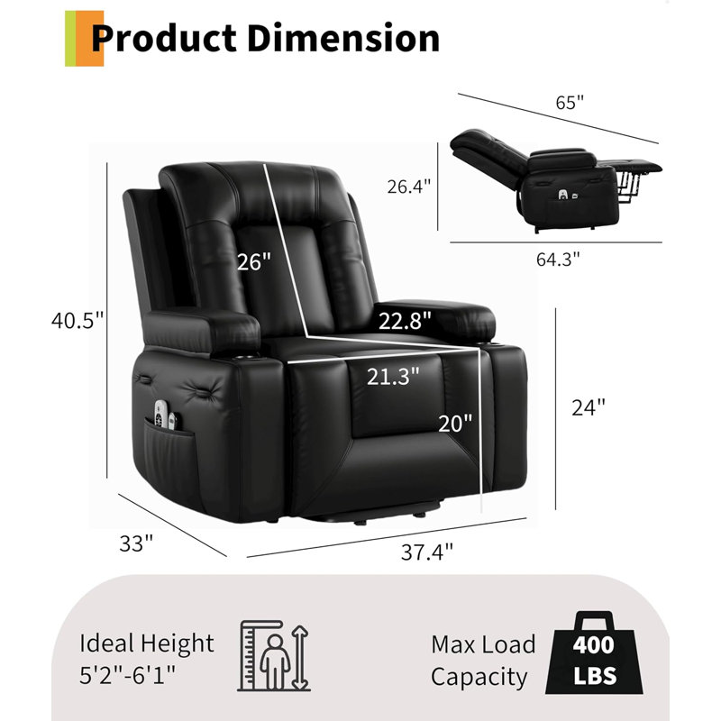 Power Lift Recliner Chair - Heat And Massage, PU Leather Electric Lift Recliner For Elderly & Mobility Impaired, Adjustable Back And Legs, Heavy Duty Lift Chair For Seniors