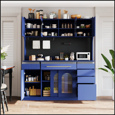 Buffet sur pied l 63 po avec huche, grande armoire de rangement avec 6 tiroirs, 5 armoires et tablettes réglables