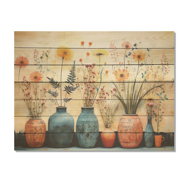 Aquarelle florale bleue IV - poterie bohème sur bois, H 10 po x l 20 po