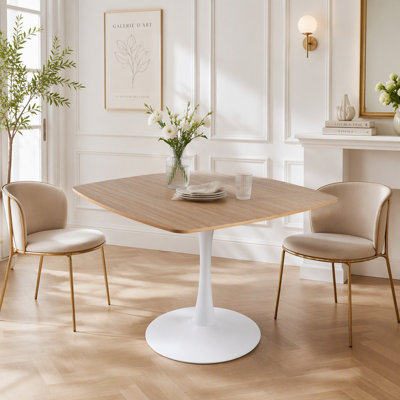 Table de salle à manger carrée tulipe en chêne de 107 cm (42,12 po) pour 2 à 3 personnes, table de bistrot compacte et moderne avec pied central en métal, plateau en MDF au fini chêne, idéale pour les petits espaces (appartement, café, bureau et salon).