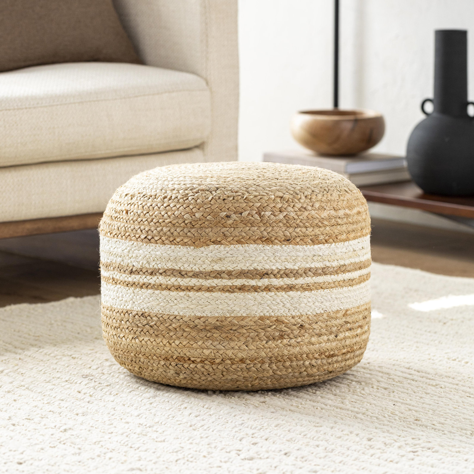 Bennison Upholstered Ottoman, White Jute