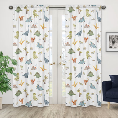 Watercolor Dinosaur Dino Brushed Microfiber Semi-Sheer Rod Pocket Curtain Panels Drapes