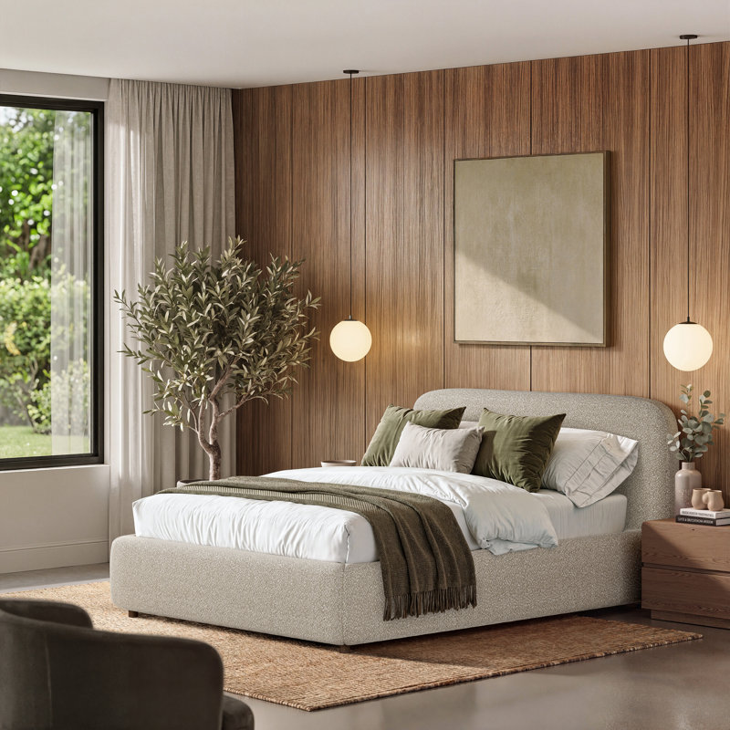 Barletta Upholstered Queen Wing Platform Bed, Cream, Queen, Taupe