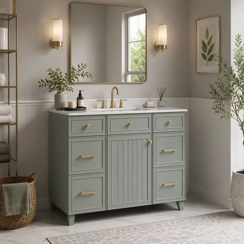Meuble-lavabo 36 po avec lavabo en céramique, cadre en bois massif vert, portes à fermeture douce, tablettes réglables, 3 tiroirs, y compris un tiroir à double profondeur pour le rangement du sèche-cheveux