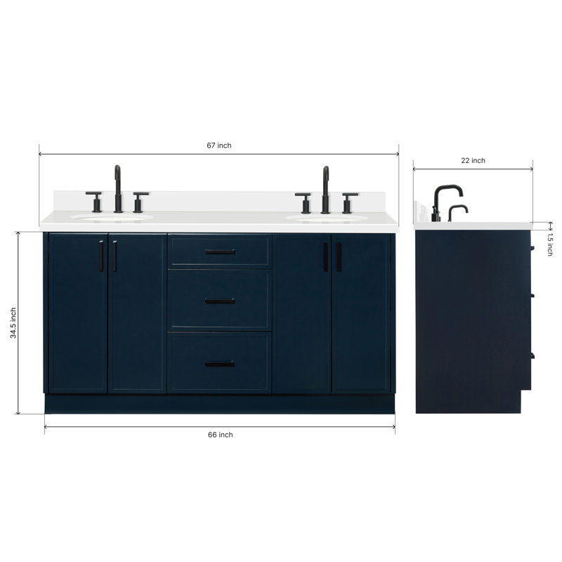 Ariel Kellie 67 Inch Double Oval Sink Bathroom Vanity With Pure Quartz Countertop, Midnight Blue