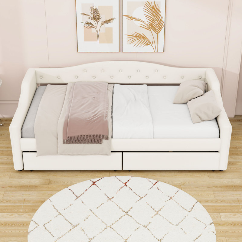 Twin XL Upholstered Daybed with LED Lighting and 2 Drawers, Beige