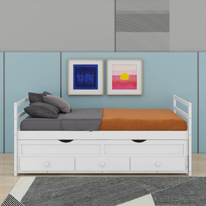 Twin Size Bed With Headboard, Footboard, Trundle And Three Storage Drawers, White