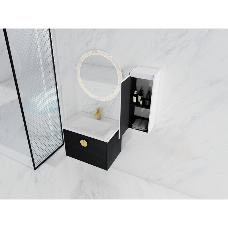 Bathroom Vanity With Ceramic Basin & Side Cabinet - Black Chestnut, Modern Assembly Unit 28" And Instrument