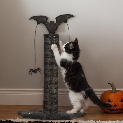 18.33"H Gothic Cat Scratching Post with Bat Topper and Spider Dangling Toys, Halloween Spooky Cat Scratcher with Cobweb Base, Black Sisal Scratch Tower for Indoor Cats, Sturdy MDF Base, Easy Assembly