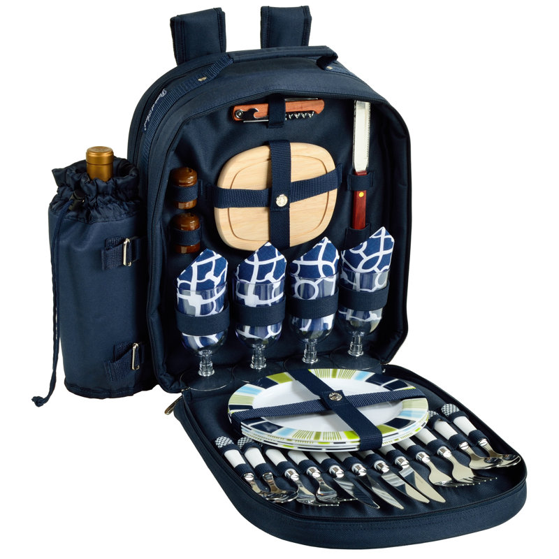 Trellis Blue Polycanvas Picnic Backpack with Wine Holder