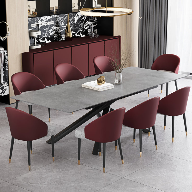 102'' Extendable Dining Table Set With Sintered Stone Dining Table And 8 Faux Leather Dining Chairs, Red/Gray, Gray