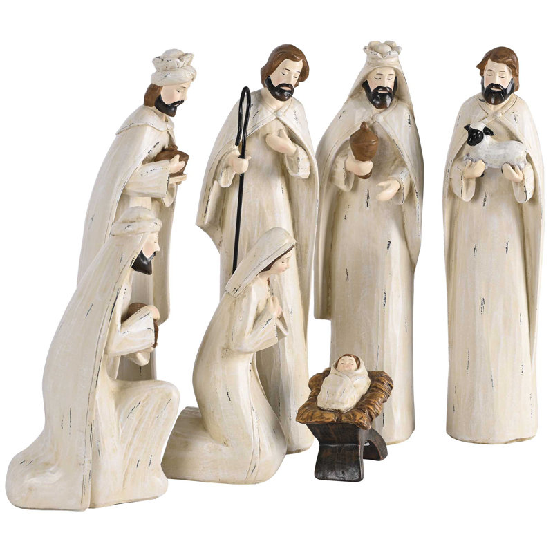 Crèche de Noël 7 pièces en bois sculpté blanc 11H