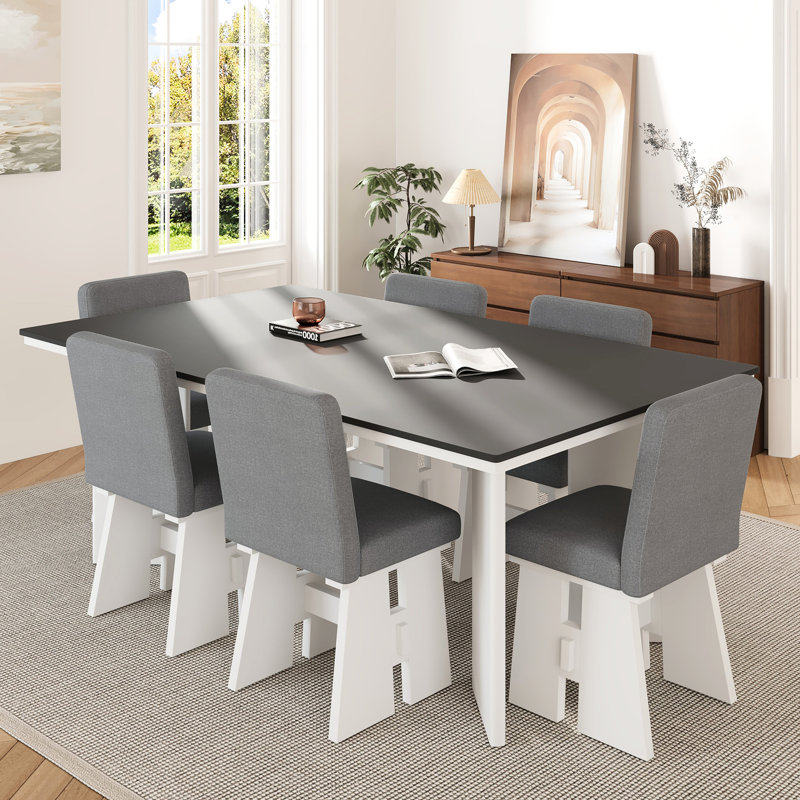 7 Collection de salle à manger en gris foncé + blanc, bois massif, fauteuil relaxant, collection de meubles, chaises pratiques